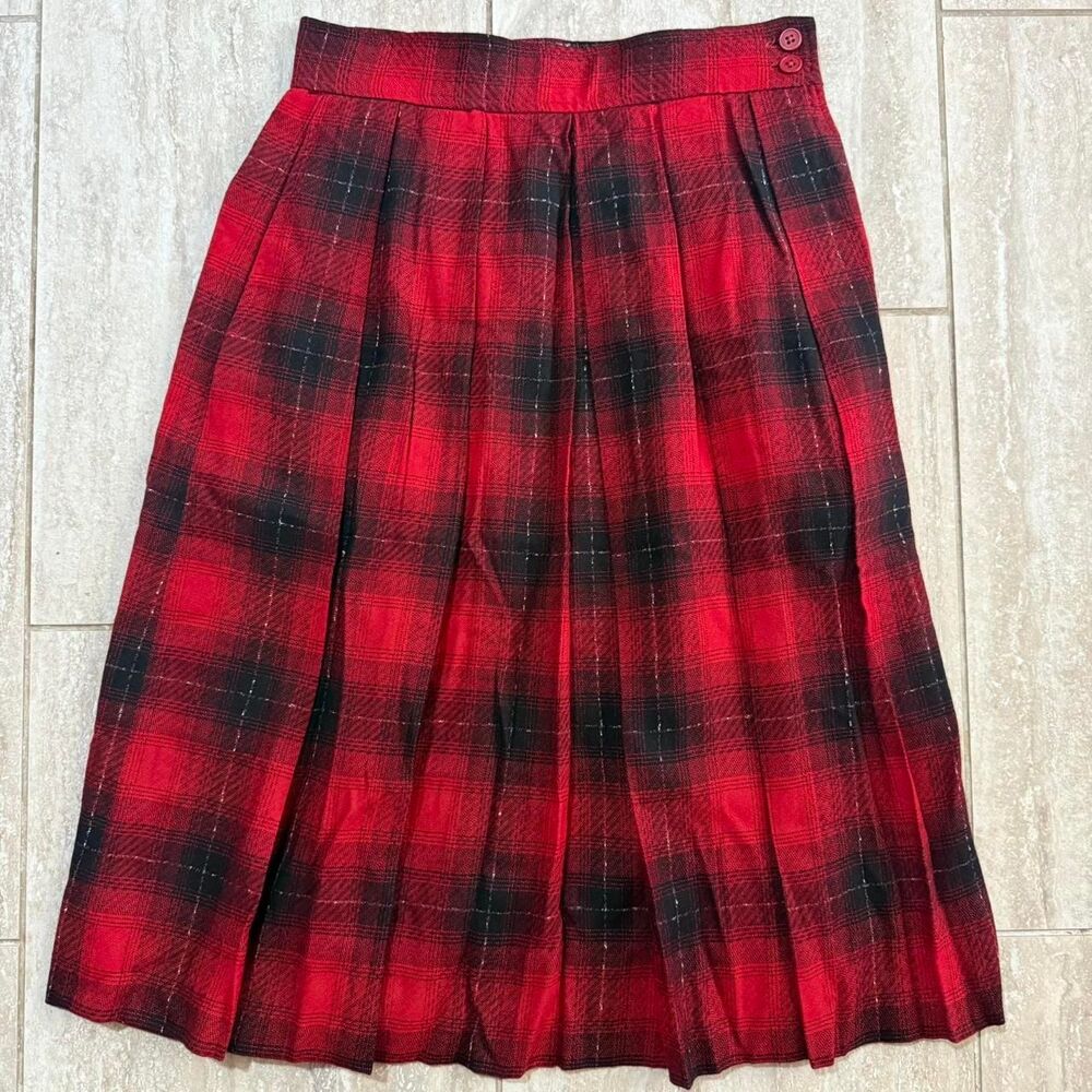 VTG Wool Red Plaid Pleated Midi Skirt 4 Dark Academia Grunge Goth Tartan punk